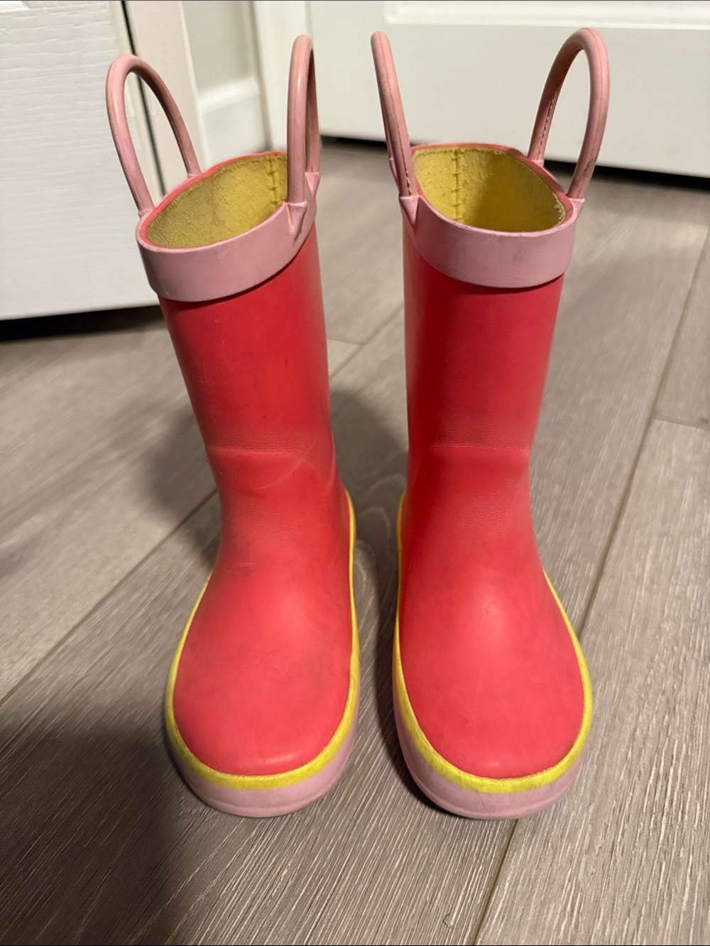 Kids Waterproof Red Rain Boots with Pink Trim and Yellow Accents